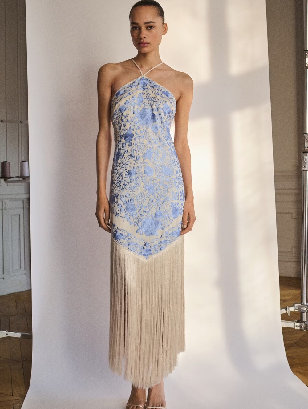 NWT Capsule Mango Blue Floral Embroidered Halter Midi Dress with Cream Fringe